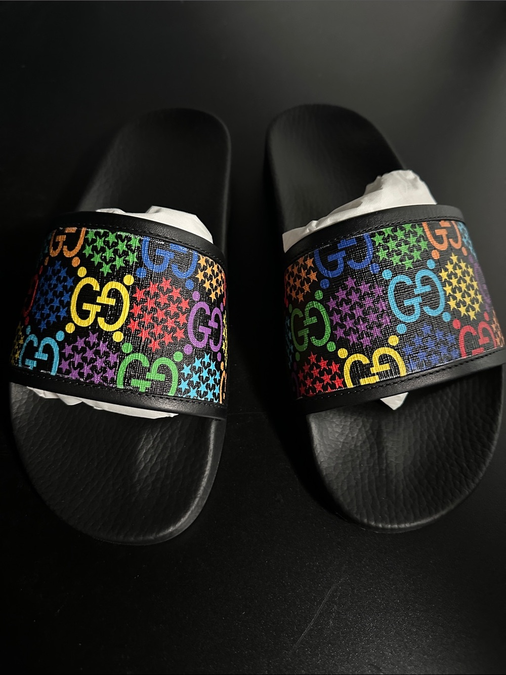 Gucci Black Slides with Multicolor Rainbow GG Print - Picture 5 of 5